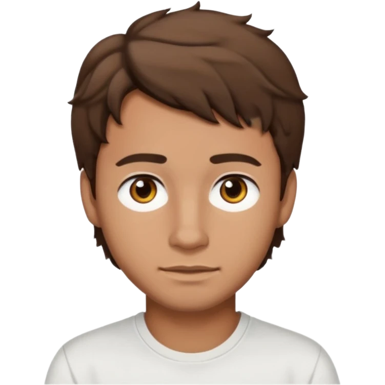 Homme brun cheveux court ondulé. Métisse. Yeux marrons très foncé. Avec t-shirt blanc emoji