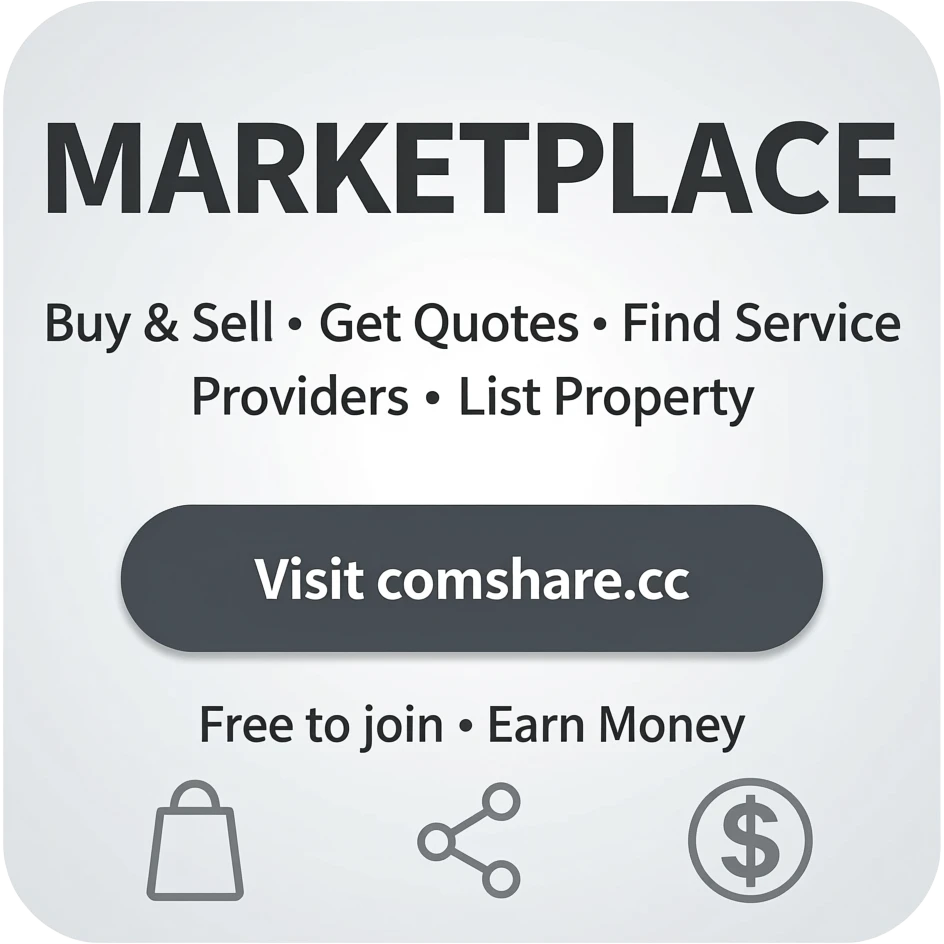 Main heading: "MARKETPLACE" Subtext: "Buy & Sell • Get Quotes • Find Service Providers • List Property" Call to action: "Visit comshare.cc" Bottom text: "Free to join • Earn Money".  Include subtle icons for shopping, sharing, money. Modern look. emoji