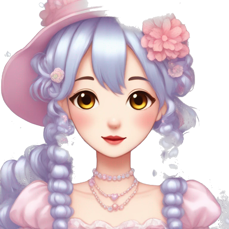 Gorgeous anime style lady with blushing face and accessories cottagecore fairycore Kawaii anime colorful pearly romantic aesthetic trending style emoji