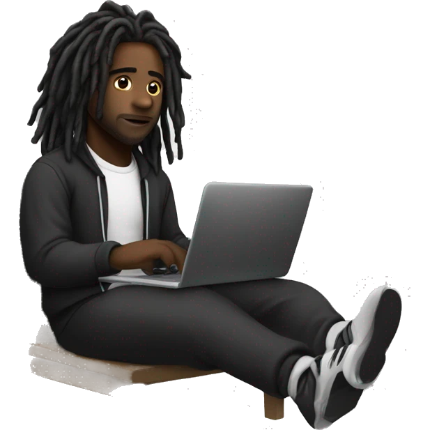 Black-guy-with-dreads-wearing-black-trackstuit-sitting-down-on-chair facing-foward-focused-on-laptop-computer- emoji