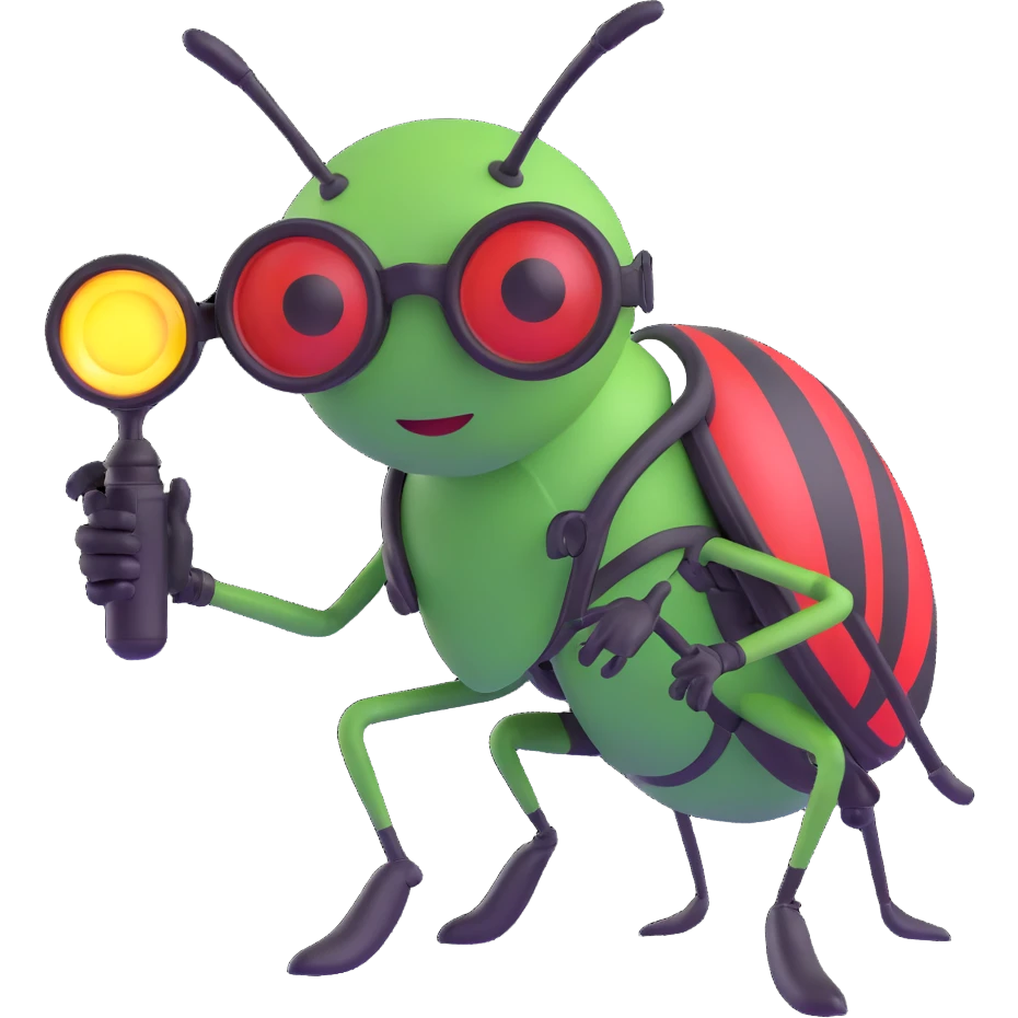 bug shooter character with goggles and a bug-zapping device, expressive and fun emoji