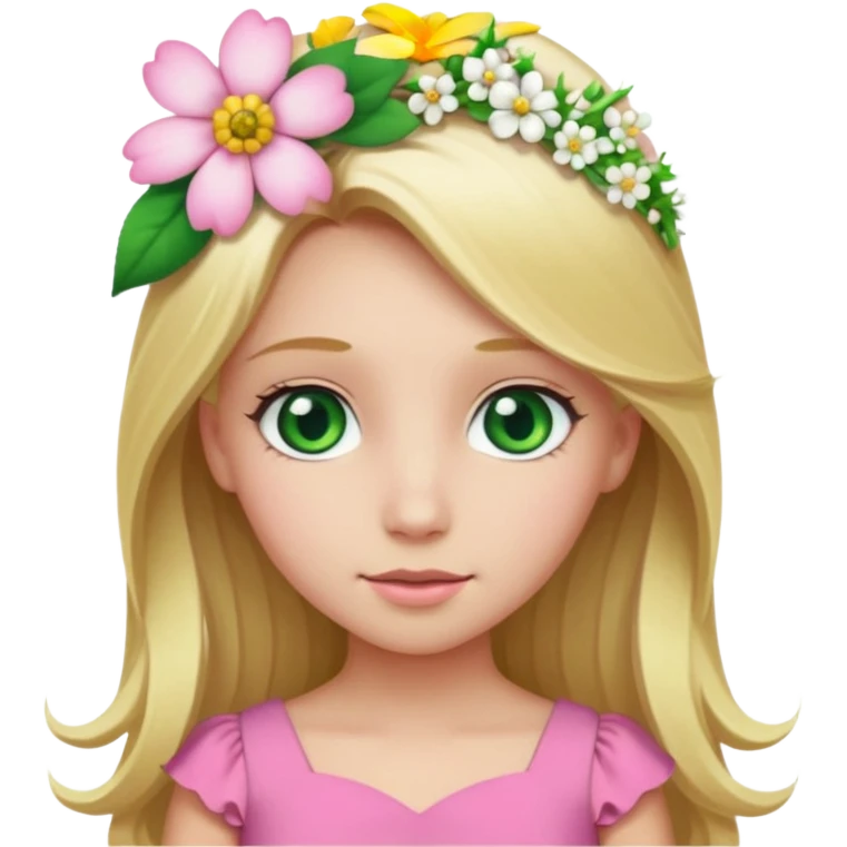 Girl profile picture with long blonde hair and green eyes and a flower in her hair. and a pink outfit emoji