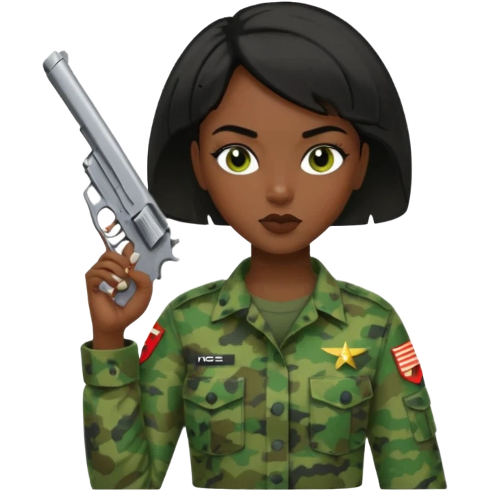 Dark skin Woman marine in no badges green cammies with one handgun short black hair emoji