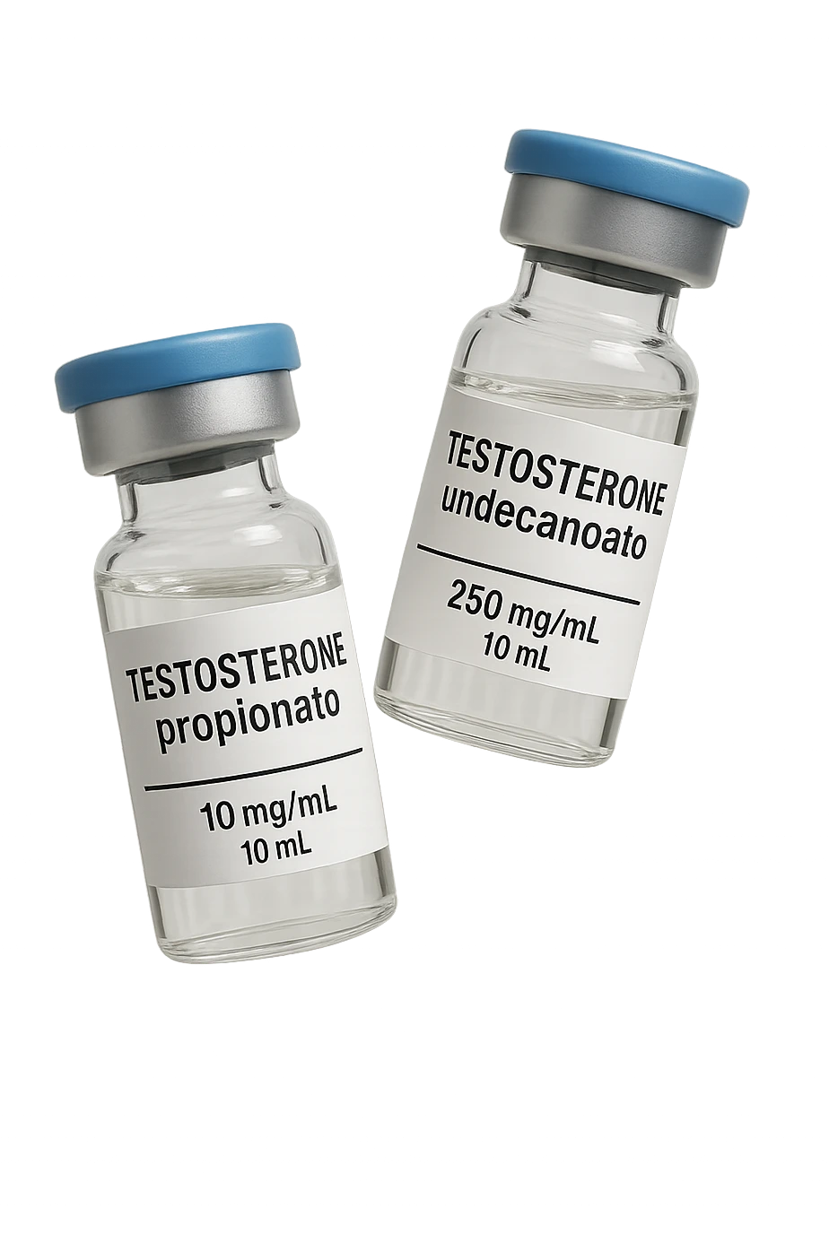 due fiale mediche, una con la scritta "TESTOSTERONE propionato" SULL'ETICHETTA E L'ALTRO CON LA SCRITTA "TESTOSTERONE undecanoato", FLUTTUANO IN ARIA emoji