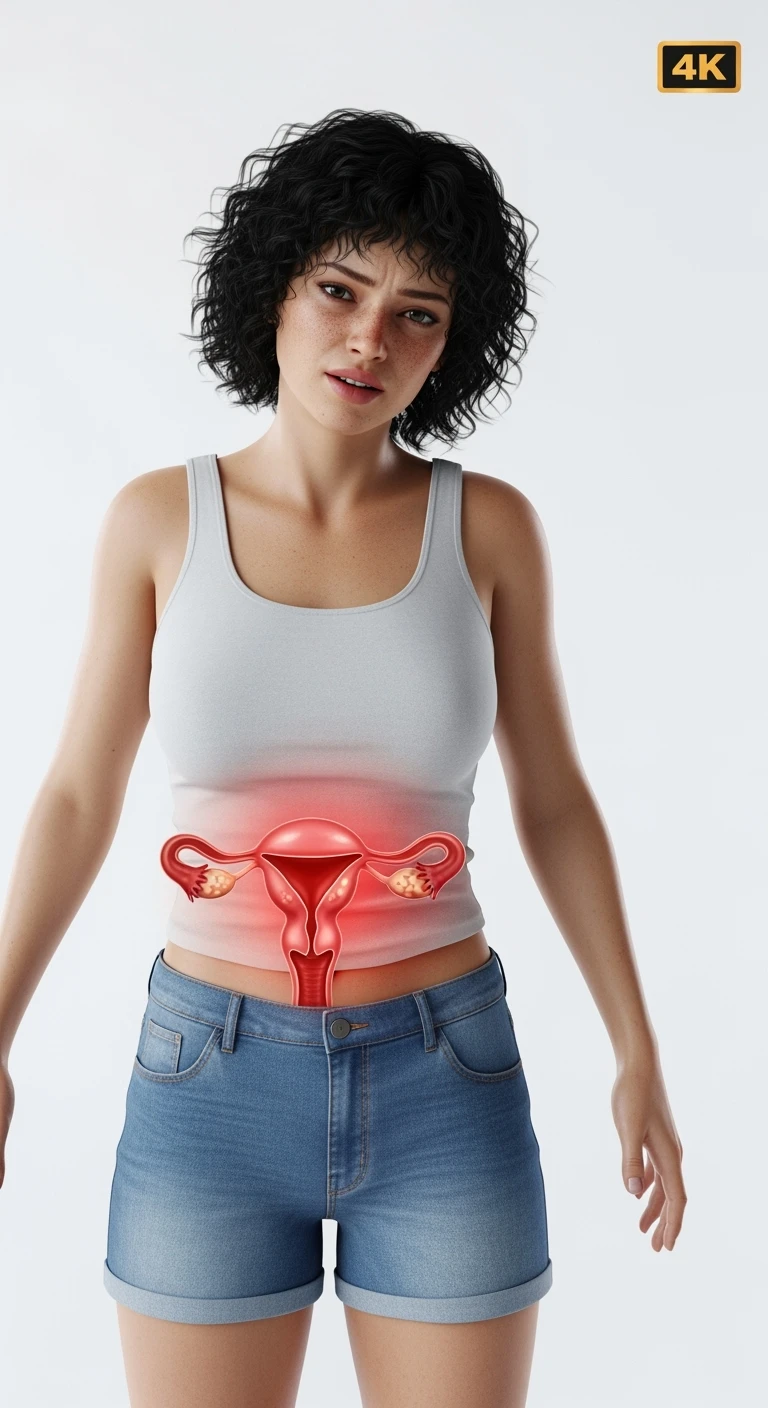 donna a figura intera con utero umano realistico in 3d in evidenza dolorante, espressione di dolore in volto, sfondo bianco, non farla computerizzata, ma iperrealistica 4k emoji