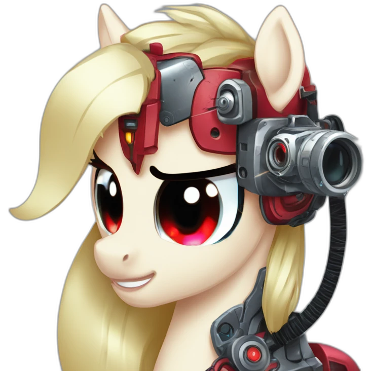 cyborg mlp pony with red mechanical eye prosthesis with camera lens, cyber implants, cyberpunk emoji