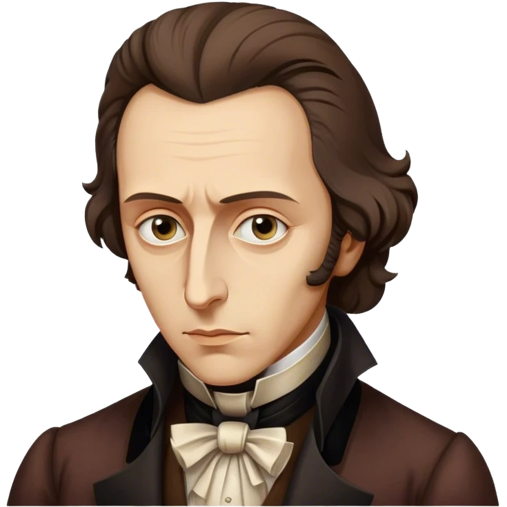 Cinematic Realistic Chopin Portrait Emoji, depicted as an introspective composer with expressive eyes and period attire, rendered with rich textured detail and soft classical lighting that captures his emotive musical genius. emoji