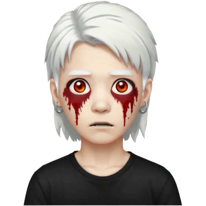 ok make a zombie avatar that has pale skin more like zombie not human, young, asian, mullet hair, white hair with hoop earrings wearing just a black T shirt white blood from the eyes, p emoji