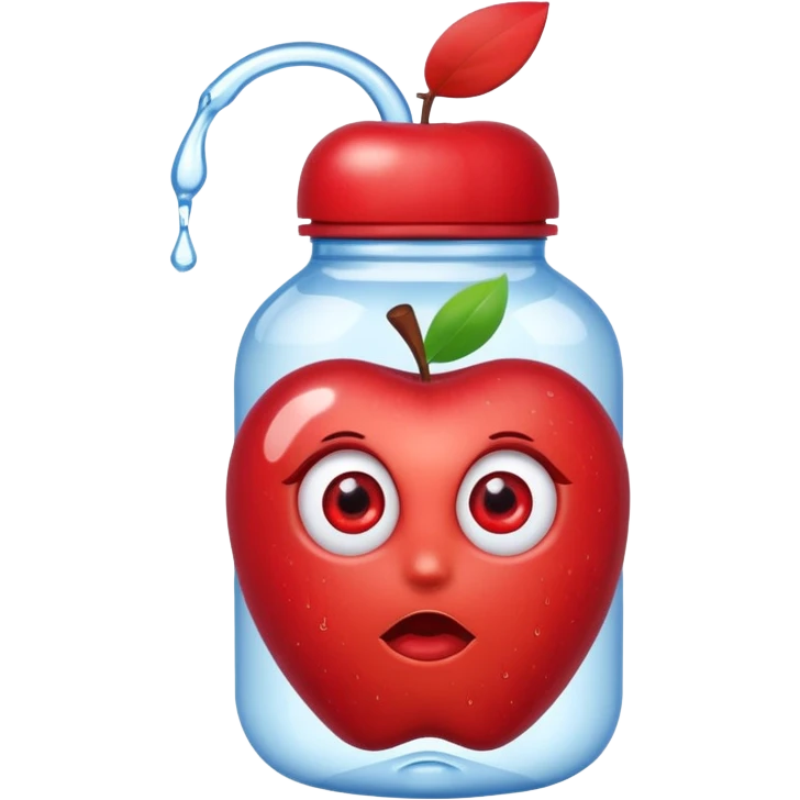 Water bottle with red eyes and a apple on the head emoji