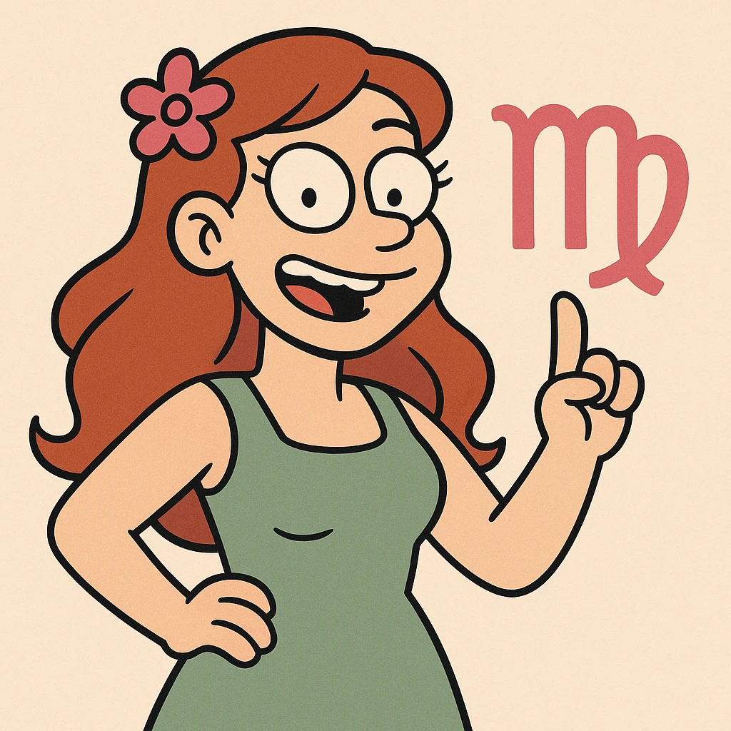 Virgo zodiac glyph, bold graphic cartoon style, vibrant colors, playful look emoji