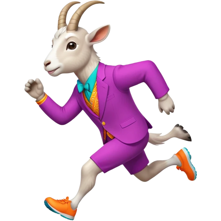 friendly anthropomorphised goat jogging upright in a colourful suit, standard pose emoji