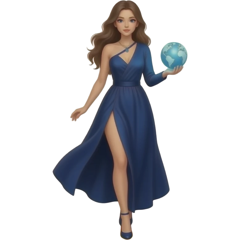 cinematic realistic - an elegant mystical girl in a long dark blue dress carries a small flashing globe in her hand and walks through a flaming ring emoji