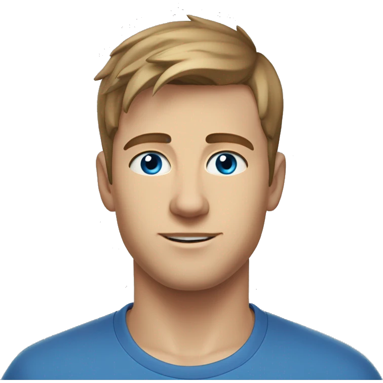 A head and shoulders shot of a 22 year old Caucasian man, with short brown hair,   with blue eyes wearing a t-shirt. emoji
