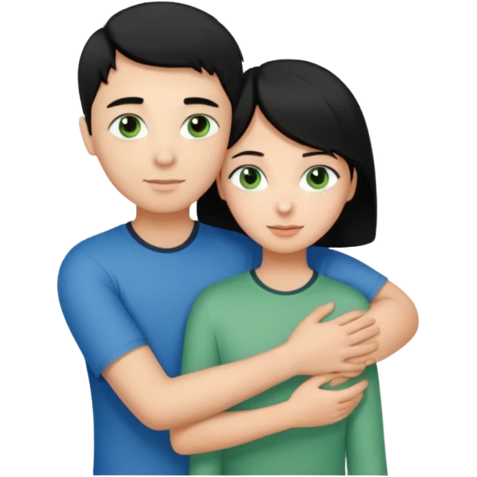 Make a couple hugging the girl is white with black hair with blue eyes hugging a boy with lightbrwn short hair with green eyes  emoji