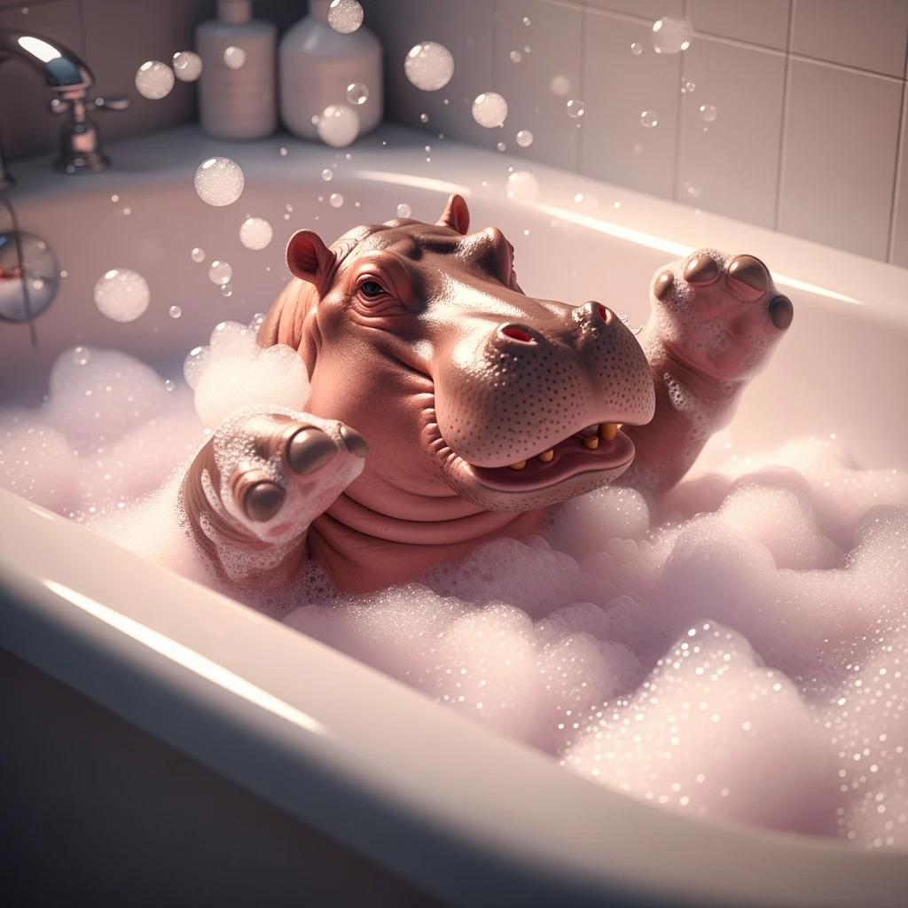 happy hippo with bubbles in bathtub emoji