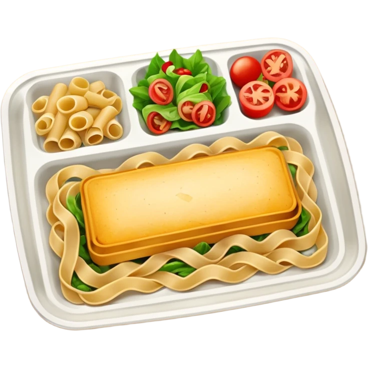 rectangle tray meal with  pasta, salad desert emoji