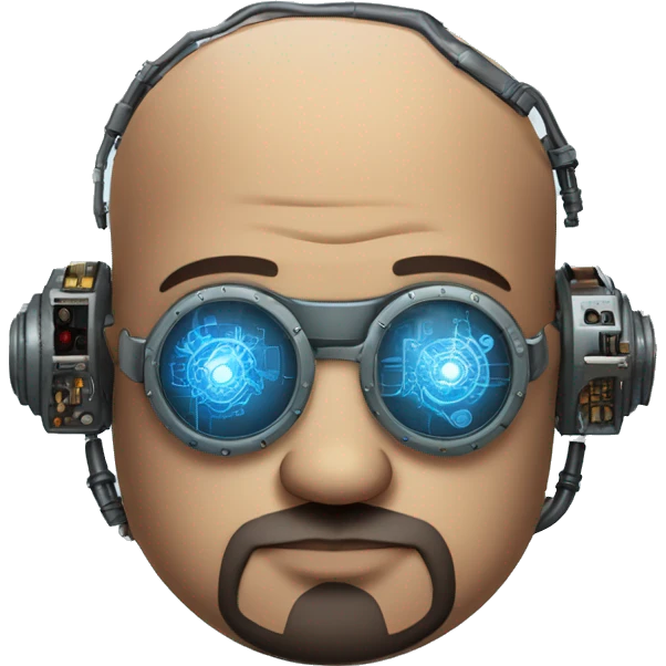 Bearded Fat bald cyborg head with brown skin, blue steampunk goggles and circuits emoji
