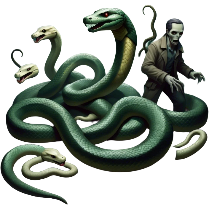 Thriller Movie Icon: A dramatic, close-up collage with sinister villains, a slithering anaconda, and zombie figures emerging from the shadows. Dark and moody atmosphere with eerie lighting, tension-filled elements. Transparent background. emoji