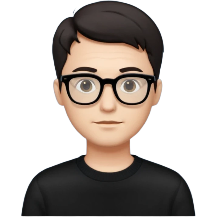 crea un uomo con i capelli corti scuri, occhiali da vista neri rettangolari e un maglione nero emoji