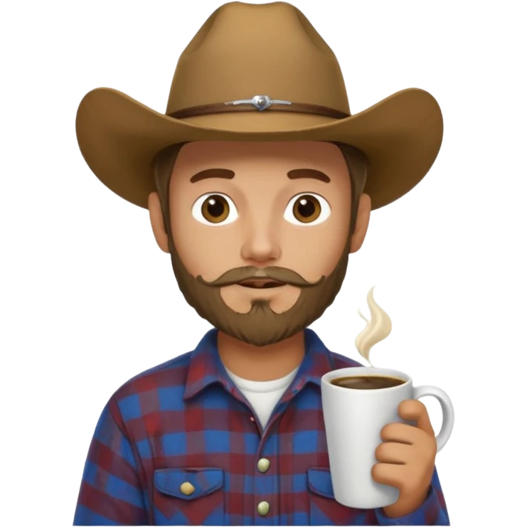 generate an ios genmoji of a 20 year old tan boy with a cowboy hat and mutton chop beard. Wearing a flannel and carrying a coffee mug emoji
