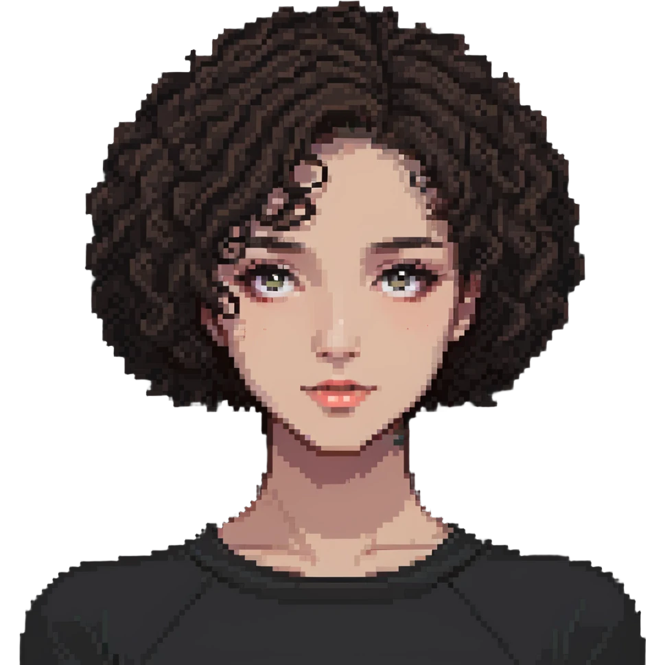 girl with short curly hair parted on the side, dark eyes and light makeup emoji
