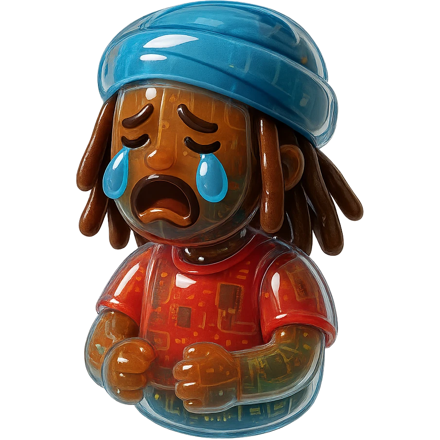 Brownskin man with long brown dreadlocks 
red t-shirt 
blue turban 
expression is crying emoji