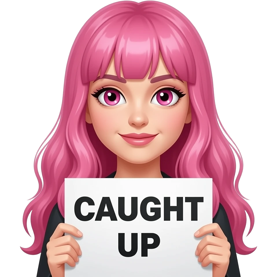 sexy girl with long pink hair and pink eyes wearing a holding a CAUGHT UP sign emoji