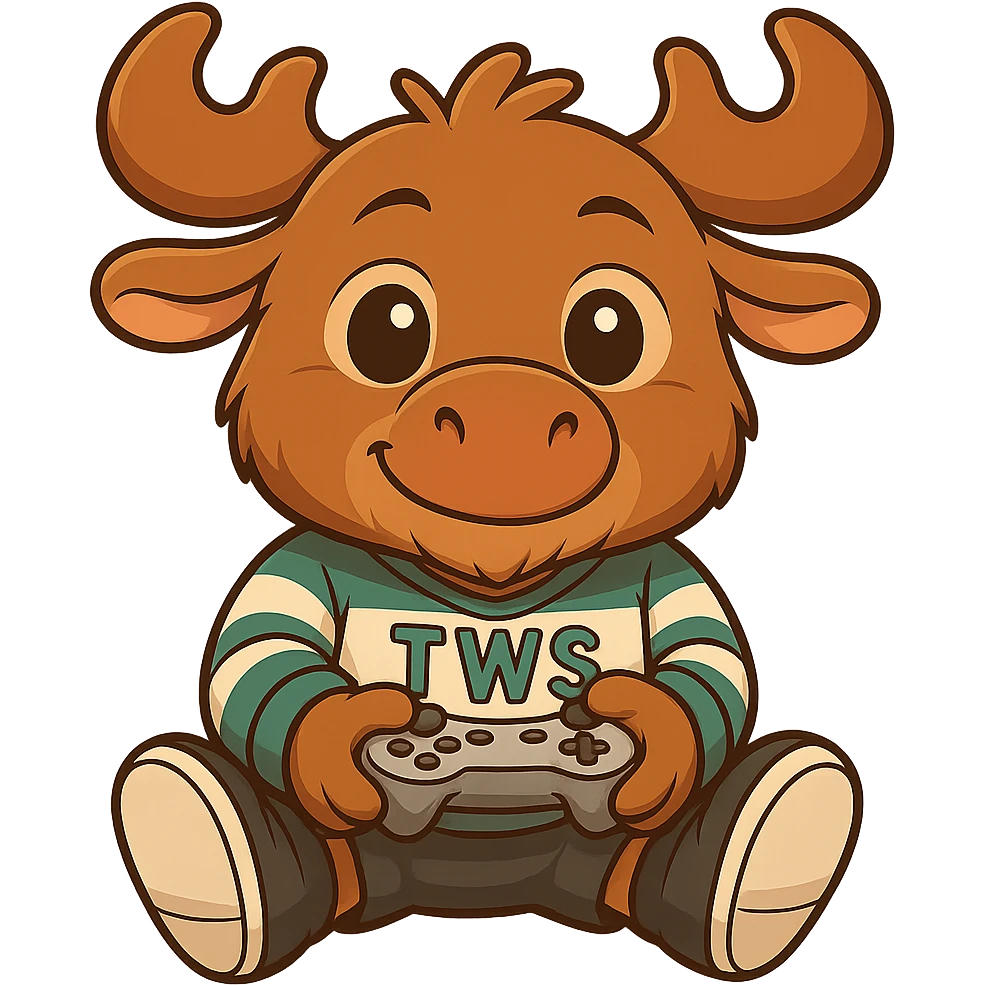 Make the chibi moose look a bit older with subtle signs of age such as a more mature face, slightly larger body proportions, and a confident expression. Keep the game controller, shoes, and 'TWS' hockey jersey. Maintain the cute chibi style with no background. emoji