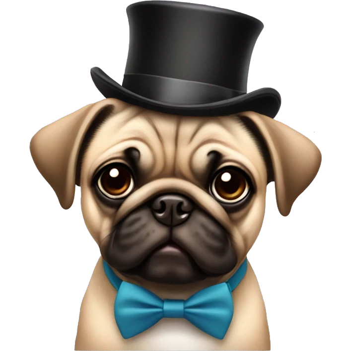 brown babycute pug with a tophat and a little bow tie   emoji
