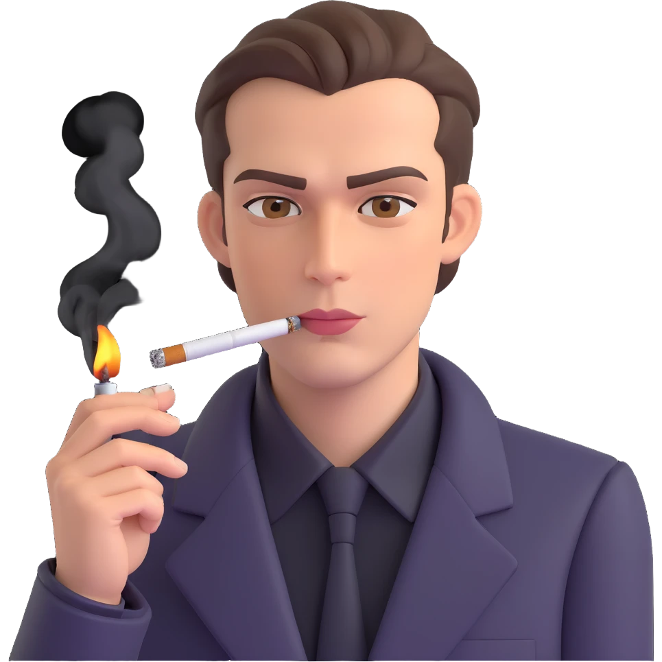 a guy with hazel eyes and slicked back brown hair stay with a lighter and a cigarette in his mouth with a sly expression on his face emoji