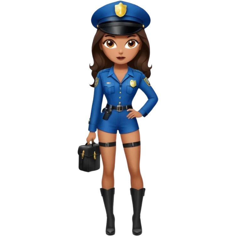 A sexy bratz girl. with caramel skin. Dark brown hair and brown eyes. She has freckles. Wearing sexy makeup. Dressed as a sexy cop. wearing lingerie. Wearing heels on her feet emoji