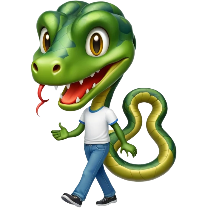 friendly anthropomorphised snake in jeans and a t-shirt, walking with a smile emoji