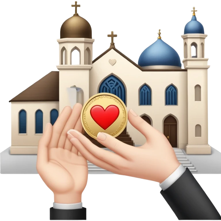 A hand receiving a coin with a heart, with a synagogue and people receiving help in the background. emoji