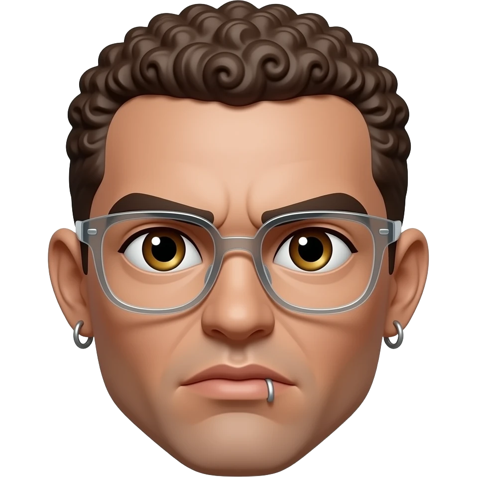 Cara centrada estilo emoji 3D tipo memoji, piel morena clara, pelo muy corto con rulos pequeños, cejas gruesas fruncidas, ojos marrón avellana, lentes transparentes, aritos en ambas orejas, piercing en el labio inferior, expresión seria, solo la cara sin cuello ni cuerpo. emoji