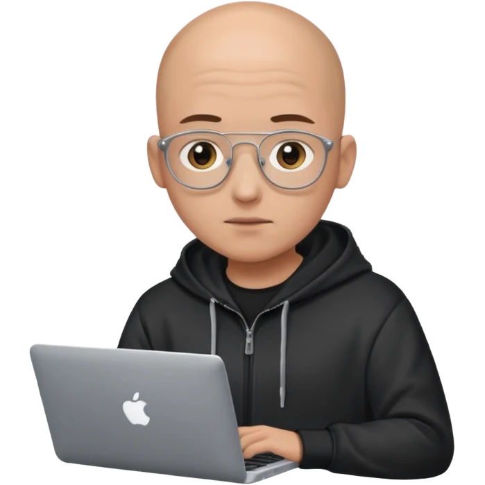 bald young programmer with MacBook wears huudy emoji