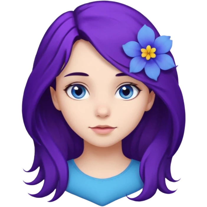 Create a girl of European appearance who looks sideways with dark brown hair, blue eyes and a purple hair flower emoji