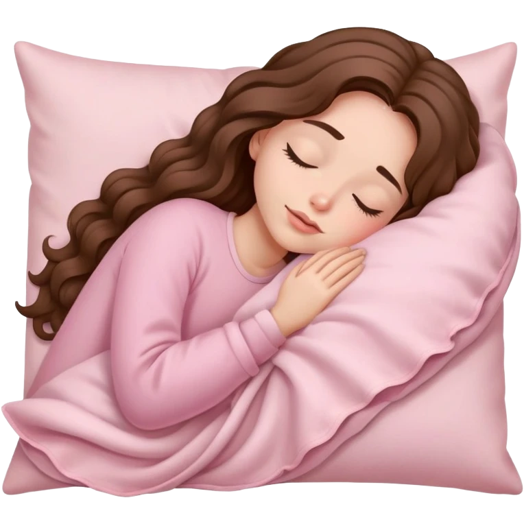 A girl with long wavy hair sleeps on a pale pink pillow and is covered with a pale pink blanket emoji