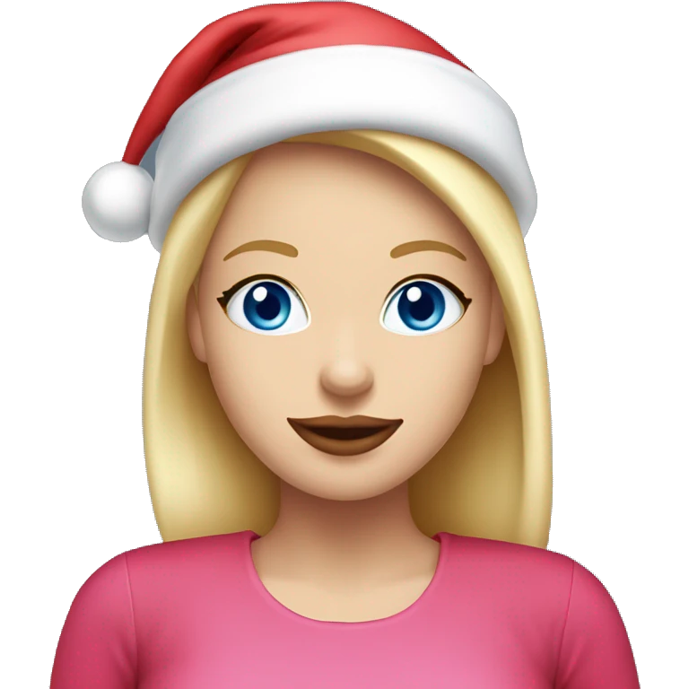 Beautiful blonde blue eyed woman, pink lips, wearing santa hat, wearing red top emoji