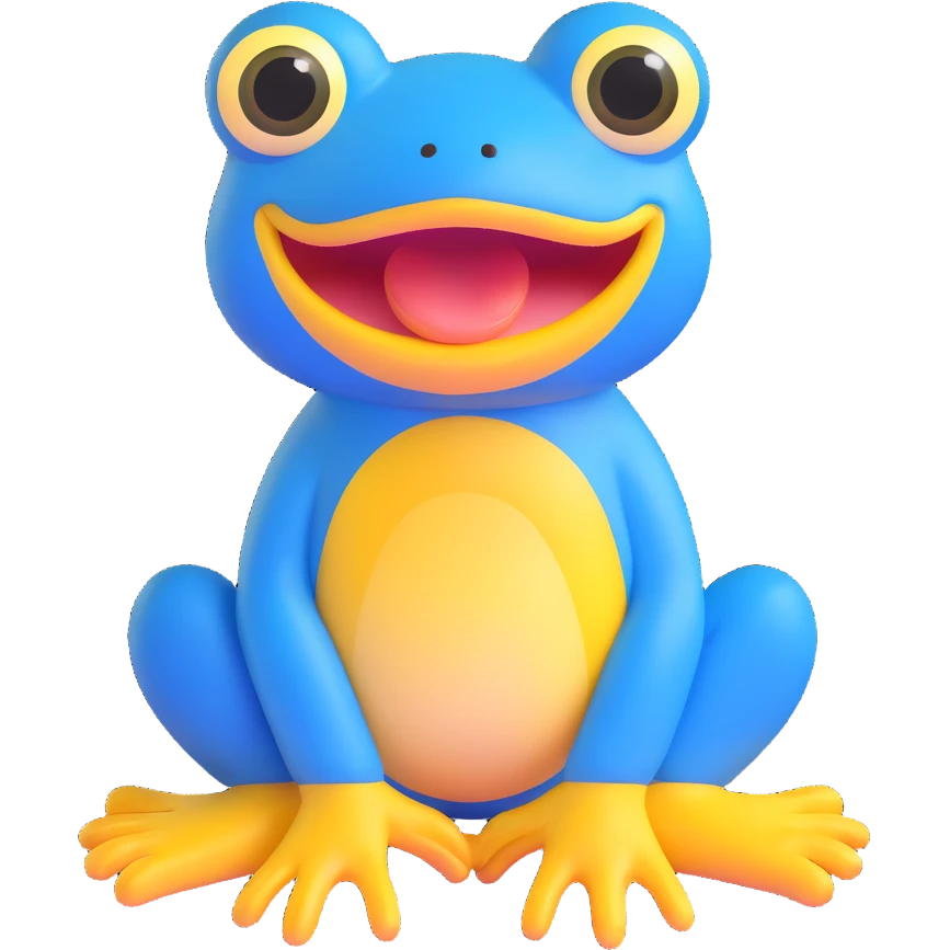 blue frog character, sitting, big yellow mouth, wide eyes, playful and friendly, silly and sweet expression, no accessories emoji