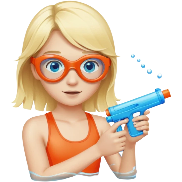 Blond 18 year old with blue eyes, wearing swim goggles and holding a water gun emoji