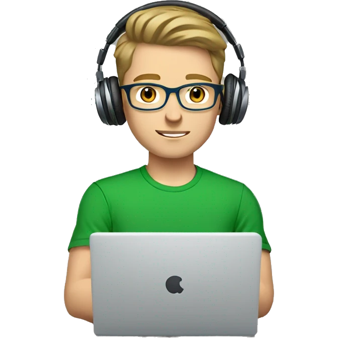 white young man with light brown hair and square glasses and blue eyes wearing green t-shirt with laptop and headphones emoji