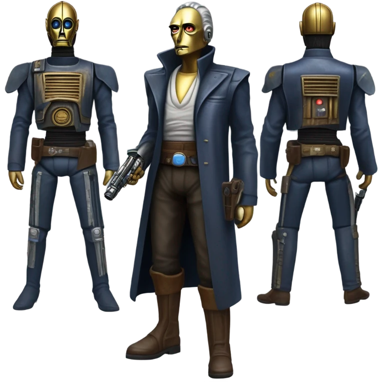 bounty hunter tarnished undercover tough well-equipped Jedi  life-sized darkblue-pearl C3po leather vest clothing pants and vest old west duster coat holding light saber sheriff holstered gun emoji
