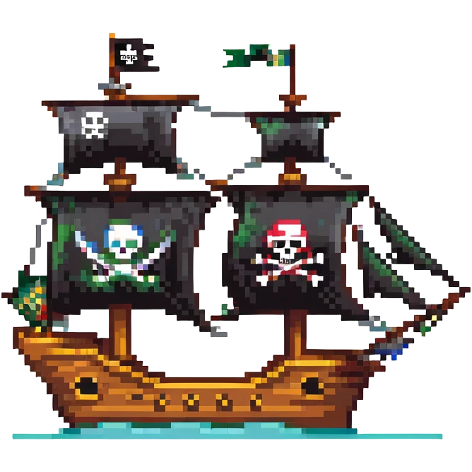 A pirate ship with black sails and flag emoji