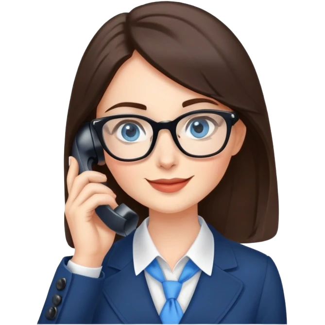 Elegant brunette office lady with glasses happy blue eyes talking on a phone  emoji