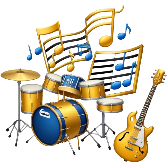 Create an elegant and artistic emoji that represents music arrangement and orchestration. The design should feature musical notes, a set of piano keys, a drum set, and an electric guitar to symbolize the diverse elements of orchestration and arrangement. Include a conductor's baton to emphasize the role of a conductor in bringing all the instruments together. Use a mix of rich colors like gold, silver, and deep blue for sophistication, and add flowing lines to represent the harmony between different instruments. The background should be transparent. emoji
