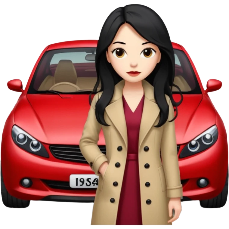 A fast, expensive black car with a young woman beside it The young woman has long black hair, wears a beige formal coat, and underneath is a cherry-colored dress. With expensive blak caaar emoji