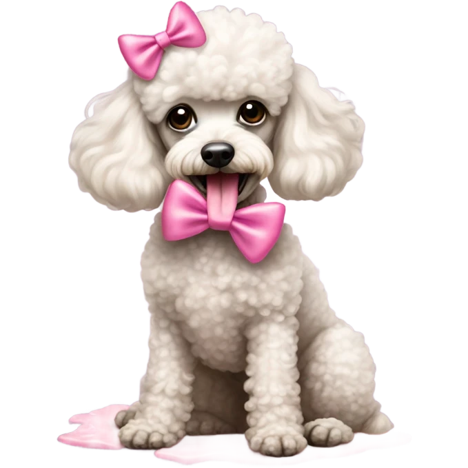miniature poodle with a pink bow on the head licking i cream off the floor  emoji