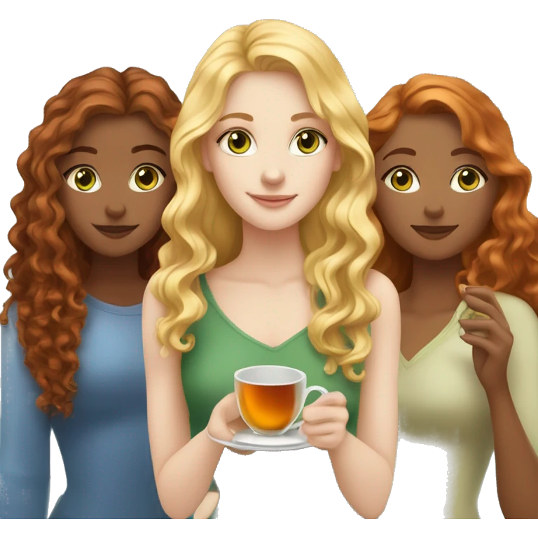Three fair-skinned girls, a blonde with curly hair and gray eyes, a redhead with green eyes and long hair and a brown-haired woman with long hair and blue eyes are drinking tea emoji