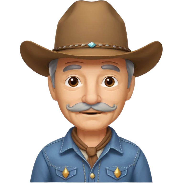 cute old cowboy portrait, head and shoulders only, cowboy hat, grey mustache, wrinkles, warm smile, western outfit, 3D cartoon, mobile game icon style, clean background, no text, no watermark
 emoji