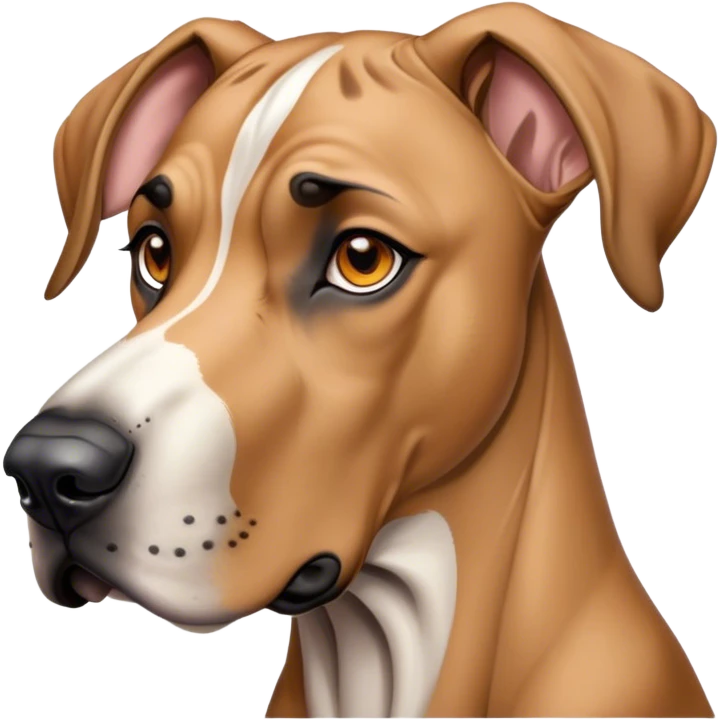 Cinematic Noble Fawn Great Dane Portrait Emoji, Poised and regal, with a towering, muscular build and a sleek, well-groomed solid fawn coat accented by subtle dark markings, deep-set soulful amber eyes, Simplified yet sharp and sophisticated features, highly detailed, glowing with a soft, dignified glow, high shine, intelligent and gentle, stylized with an air of majesty, focused and attentive, soft glowing outline, capturing the essence of a watchful and confident guardian, so majestic it feels as though it could stride out of the screen with effortless authority! emoji